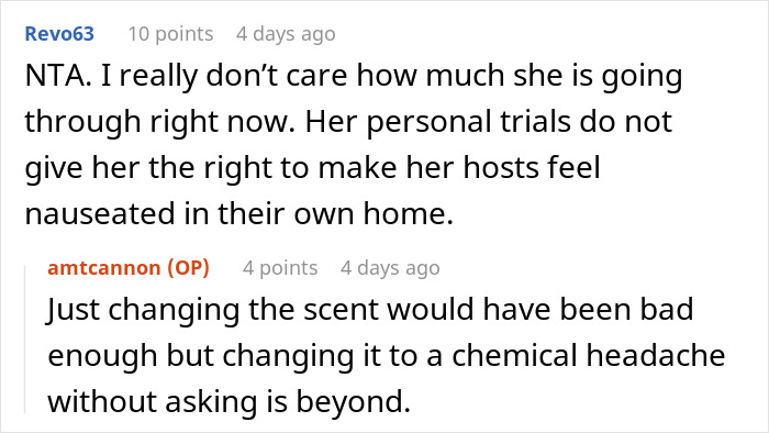 Screenshot of online comments discussing a divorced friend flooding a host family&rsquo;s home with nasty scents without permission.