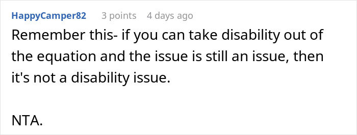 Text comment discussing the issue of disability in relation to a host kicking out friend&rsquo;s neurodivergent buddy over hearing aids.