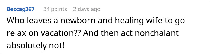 Comment criticizing a dad taking a sunny getaway while exhausted mom battles stitches, sleepless nights, and fever. Comment criticizing a dad taking a sunny getaway while exhausted mom battles stitches, sleepless nights, and fever.