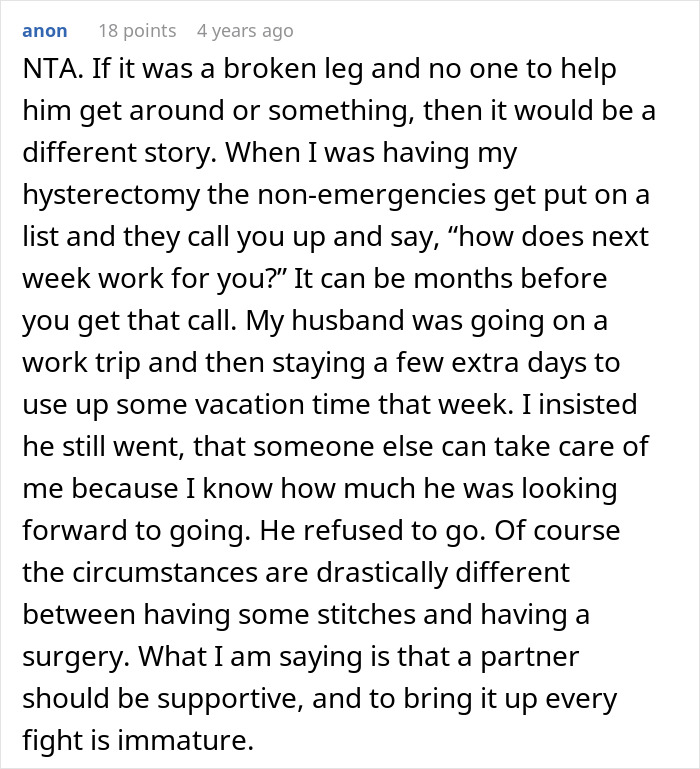 Reddit comment discussing boyfriend tantrum after girlfriend leaves on vacation despite his injury and relationship support issues.
