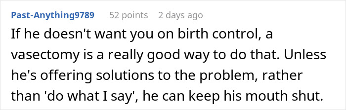 Commenter discussing birth control and men's control over decisions about wife’s body in an online forum. Commenter discussing birth control and men's control over decisions about wife’s body in an online forum.