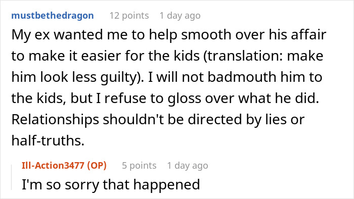 Reddit user discussing a dad lying about divorce reasons to win over son while ex-wife reveals the truth later.