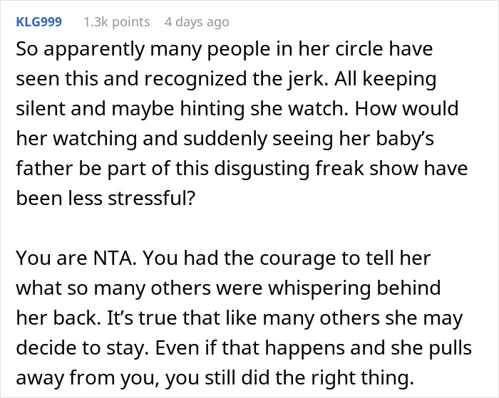 Comment text discussing a pregnant woman&rsquo;s life turning upside down after friends watch Bonnie Blue&rsquo;s documentary.