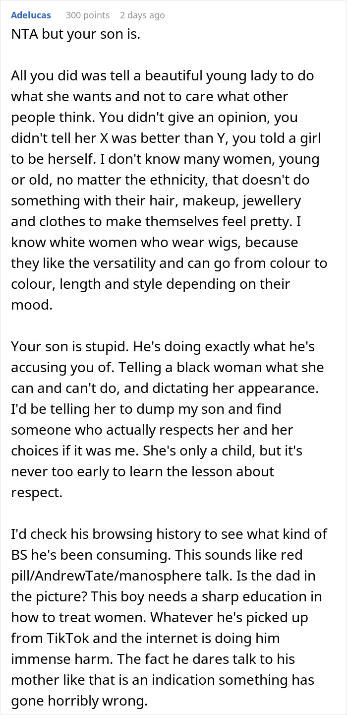 Screenshot of online comment discussing 14YO son exploding at mom for suggesting his Black girlfriend dress more comfortably.