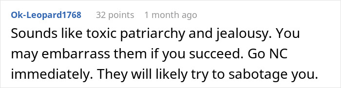 Comment about man feeling sick after eating food his dad touched, mentioning jealousy and possible sabotage.