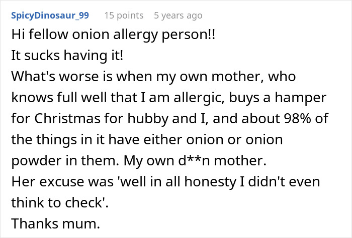 Comment from user expressing frustration about allergy issues, mentioning onion allergy and difficulties with gifts, related to mil-try-poison-woman topic.