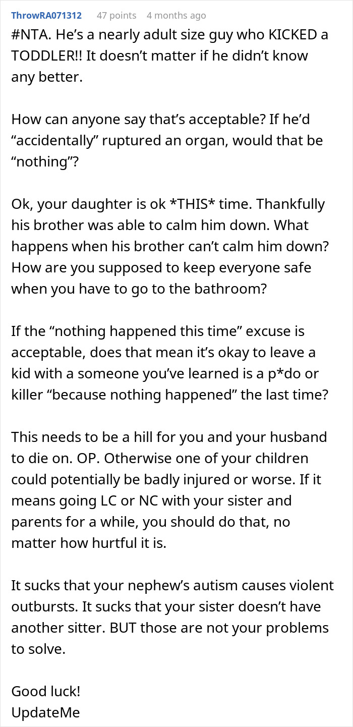 Comment discussing a woman refusing to babysit her autistic nephew after he injures her daughter and spits on her.
