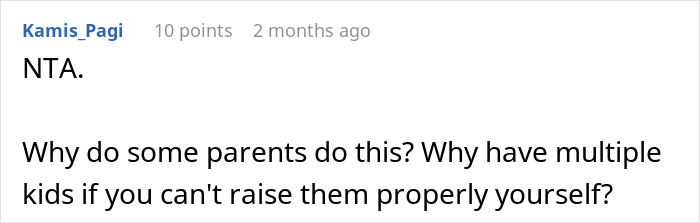 Comment discussing parenting challenges and questioning relationships between siblings, sister, and mom.