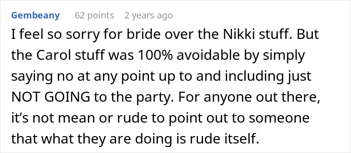 Comment discussing family treating weddings as a convenient time to celebrate others&rsquo; occasions and social boundaries.