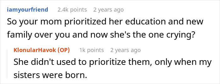 Reddit conversation showing a user discussing feelings of neglect and a pregnant lady crying while family lashes out.