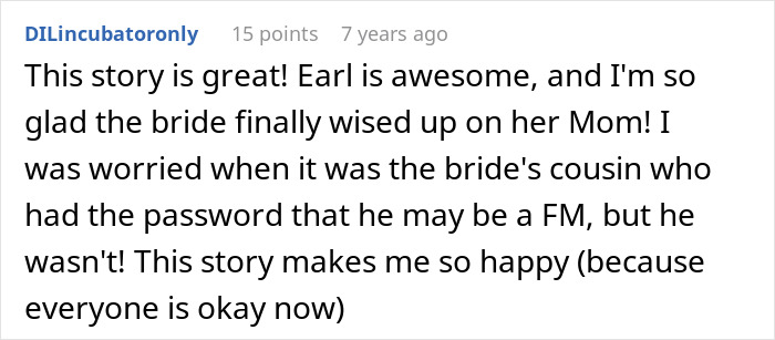 Comment praising a story about chaos at a wedding involving a bride&rsquo;s mother going to jail, expressing relief and happiness.