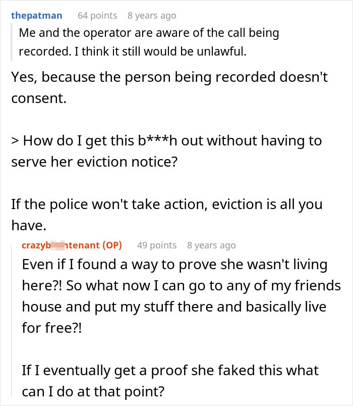 Reddit thread discussing friend breaking into house and planting belongings to prove she lives there, eviction concerns raised.
