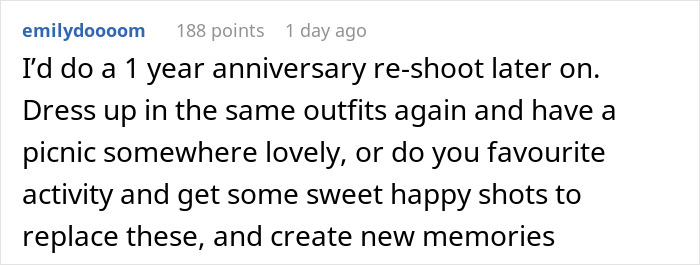 Comment on a wedding photography re-shoot idea suggesting dress-up and a picnic for better happy shots and memories.
