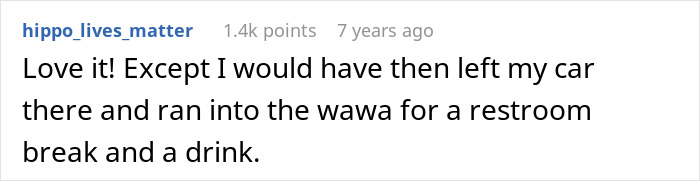 Comment about a lady in a brand new Lexus skipping the air pump line, leading to being trapped between curbs and facing petty justice. - 25