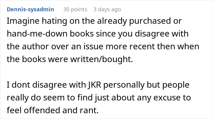 Comment discussing family conflict over giving kids Harry Potter books and labeling someone as a bigoted and hateful person.