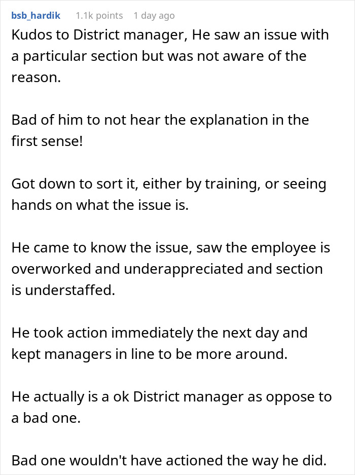 Comment praising district manager for addressing issues with an employee deemed useless at work by improving support and training.