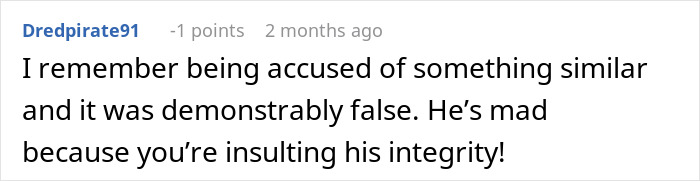 Screenshot of an online comment where a user discusses being falsely accused and mentions a boyfriend&rsquo;s reaction involving integrity.