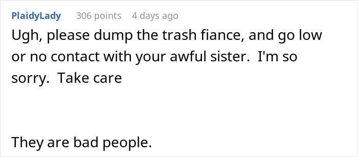 Comment expressing sympathy for a bride whose world crumbles after her twin sister and fianc&eacute;&rsquo;s secret is revealed.