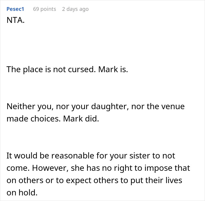 Comment discussing a woman refusing to cancel her daughter&rsquo;s dream wedding venue despite sister&rsquo;s cheating ex issues.