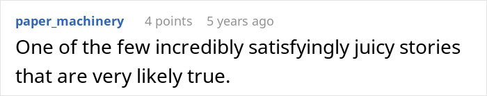 Screenshot of an online comment describing a satisfying story about a jealous Karen fined for cutting down neighbor’s trees. Screenshot of an online comment describing a satisfying story about a jealous Karen fined for cutting down neighbor’s trees.