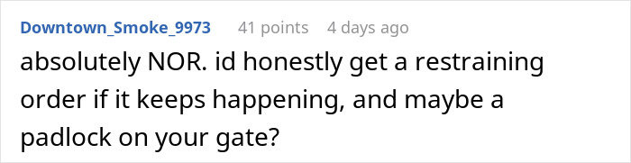 Comment text on a social media post about a woman catching neighbor&rsquo;s son in her home and their casual reaction.