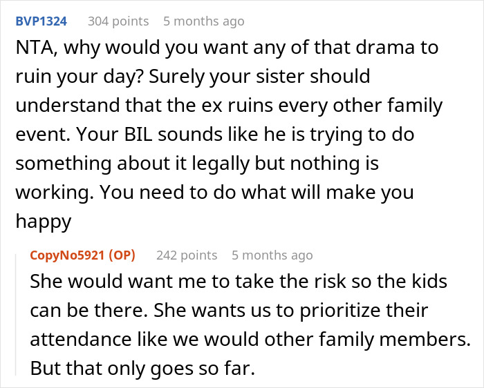 Screenshot of a discussion about a brother-in-law’s nightmare ex ruining family events and wedding scheduling strategies. - 16