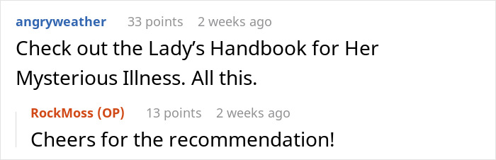 Screenshot of an online discussion about a woman&rsquo;s chronic pain being dismissed by doctors until her husband intervenes.