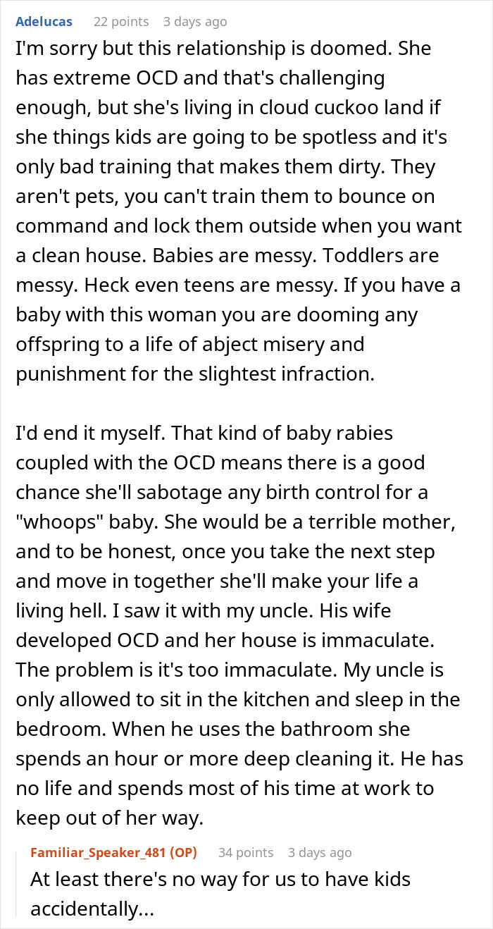 Comment discussing challenges of keeping a clean toddler and related relationship conflicts sparked by woman&rsquo;s warning.