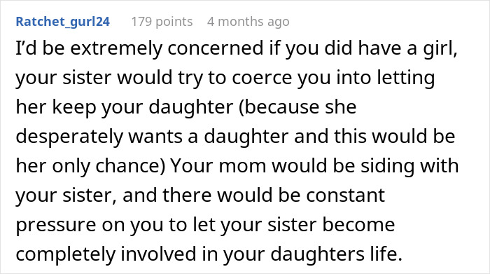 Comment expressing concern about a mom of 6 boys obsessed with whether her sister is expecting a girl. - 21