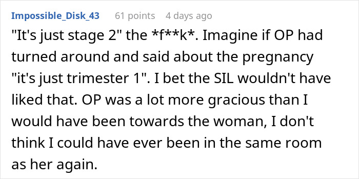 Text post showing a Reddit comment about a woman needing family support after devastating news but facing drama from her sister-in-law.