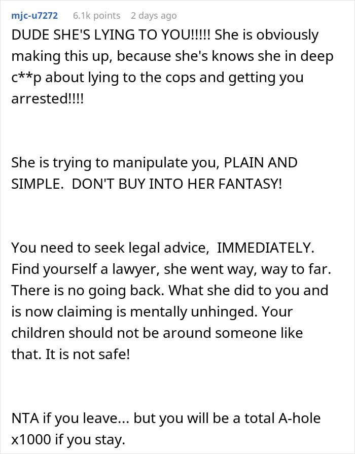 Comment warning about wife accusing husband of domestic violence, urging legal advice and caution in the situation.