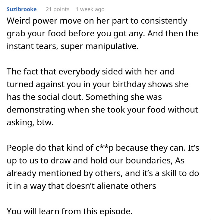 Woman frustrated as coworker consistently helps herself to her food, causing tension on her birthday at the office.