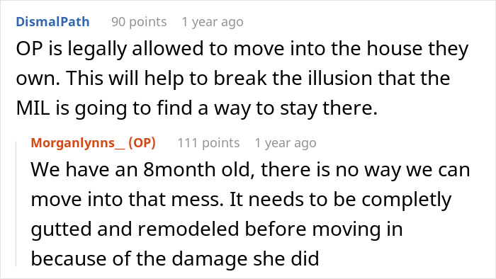 Comments discussing a hoarder mother-in-law squatting in an inherited home, causing damage and eviction plans.