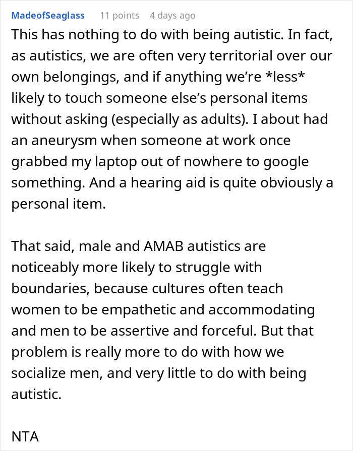 Comment discussing neurodivergent struggles with boundaries after friend&rsquo;s hearing aids were grabbed.