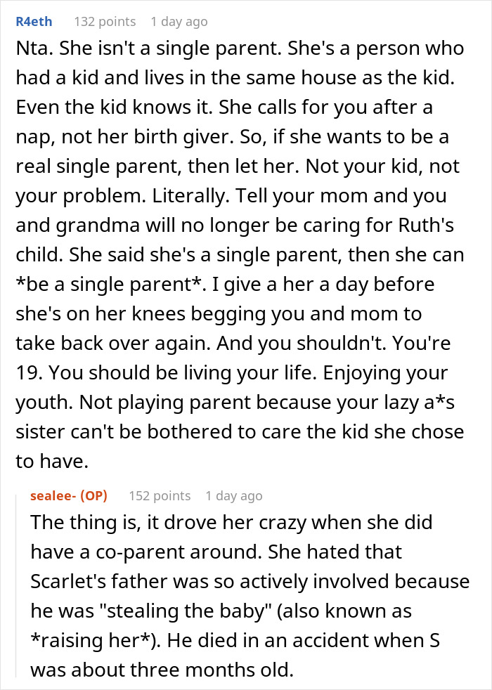 Screenshot of a Reddit discussion about a 19YO basically raising sister's kid and family conflicts over parenting.
