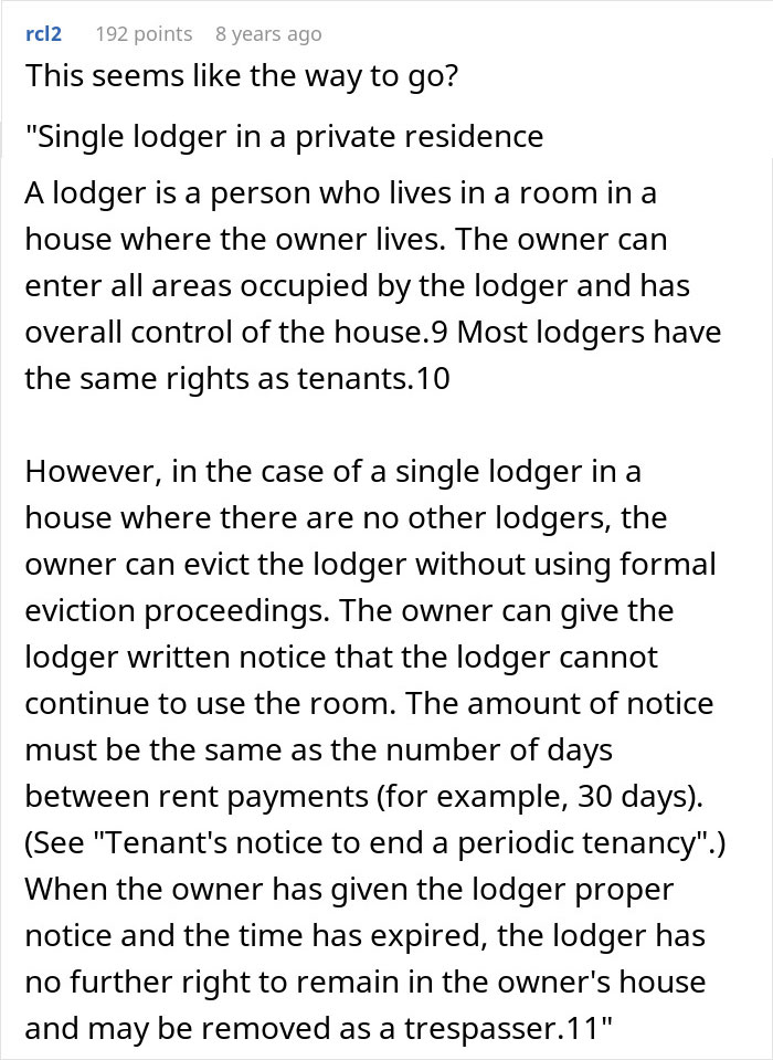 Screenshot of an online discussion explaining legal rights of a lodger living in a private residence and eviction rules.