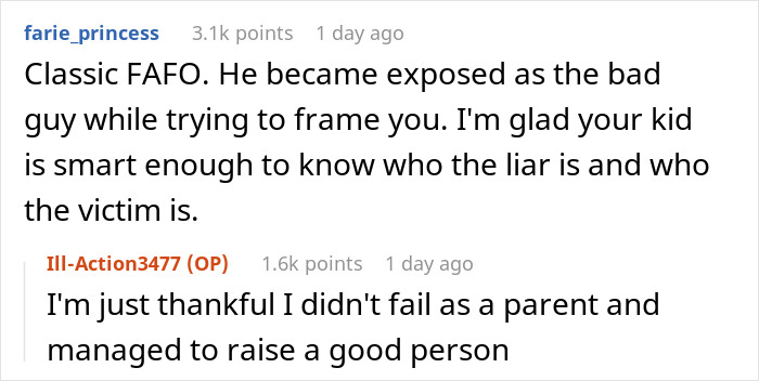 Alt text: Online conversation about dad lying regarding divorce reasons, ex-wife revealing truth years later, and son&rsquo;s awareness of the situation.