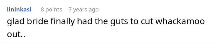 Text comment on a forum expressing relief that the bride took action amid chaos at a wedding turned crime scene.