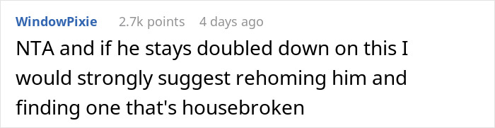 Comment suggesting rehoming a man who wets the bed and refuses to take it seriously in an online discussion.