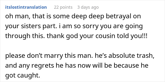 Comment expressing sympathy for bride&rsquo;s betrayal by twin sister and fianc&eacute;, urging not to marry the unfaithful man.