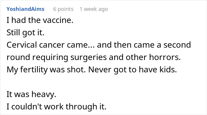 Text comment about cervical cancer diagnosis and struggles, highlighting a woman&rsquo;s experience with cancer linked to HPV from partner.