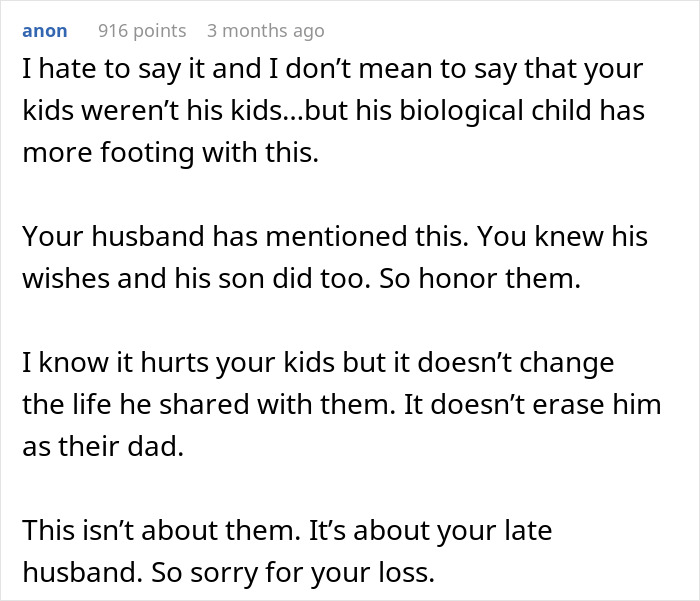 Comment discussing widow&rsquo;s choice to bury late husband with first wife and child, stepkids feeling hurt and abandoned.