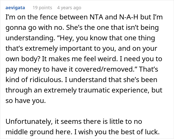 Comment discussing a man refusing to remove a tattoo of his late son&rsquo;s name despite his girlfriend finding it a trigger.