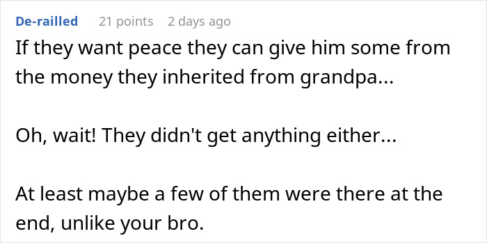 Screenshot of an online comment discussing inheritance and caregiving conflicts involving grandpa and an entitled brother. - 22