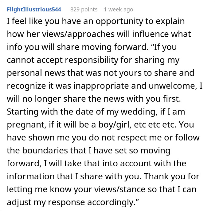 Text excerpt discussing bride cutting mom off from key wedding plans after turning proposal into a family update, explaining boundaries. Text excerpt discussing bride cutting mom off from key wedding plans after turning proposal into a family update, explaining boundaries.