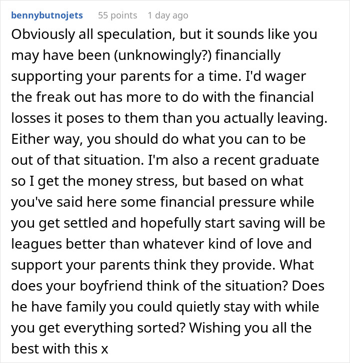 Screenshot of an online comment discussing parents forcing pay expensive rent and financial pressure on recent graduates.