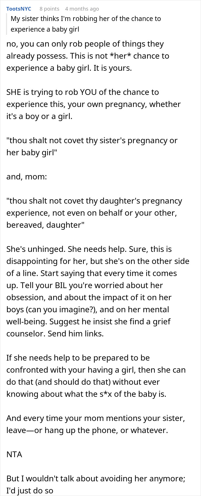Screenshot of a forum post discussing a mom of 6 boys obsessed with her sister's pregnancy and gender reveal. - 39