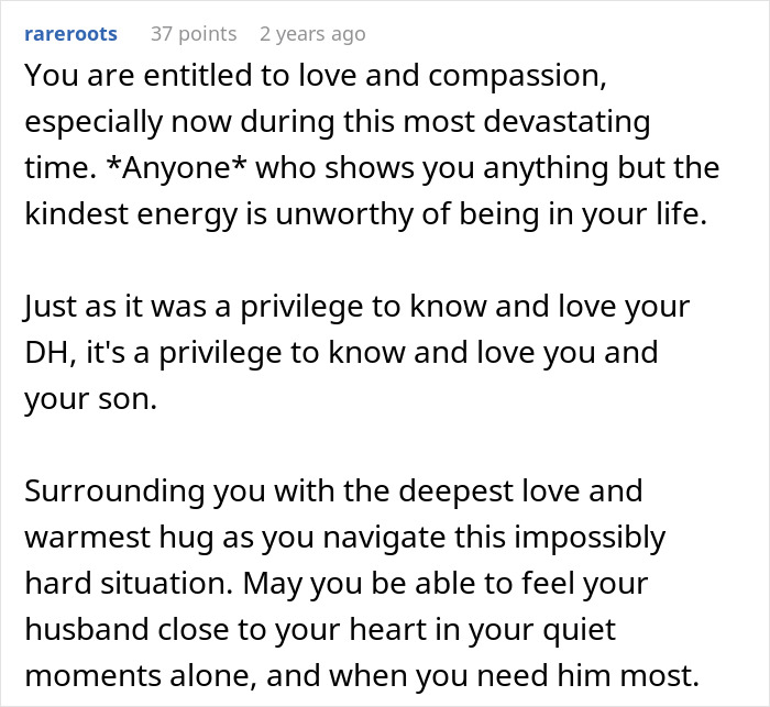 Text post offering compassion to woman shocked by mother-in-law's hate after losing her husband, sharing support and love. - 31