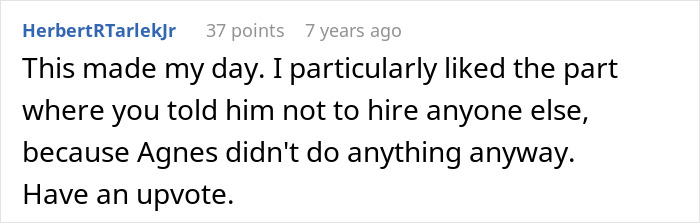 Screenshot of a comment praising a story where a person calls an obnoxious coworker's bluff and forces her to quit.