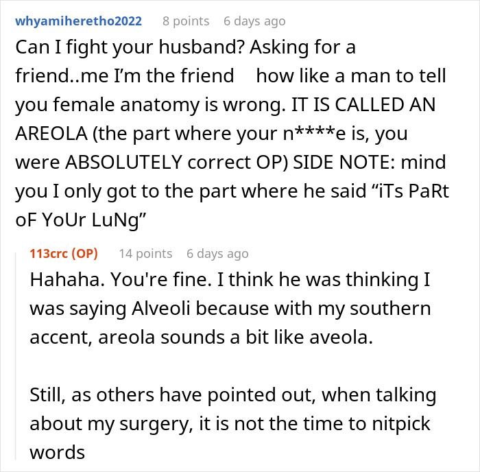 Reddit comments showing husband mocking wife&rsquo;s mispronunciation while she shares surgery details with tears.
